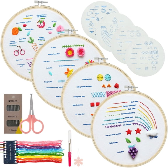 Vensio -4Pcs Embroidery Starter Kit for Beginners and Adults, Professional Needlework Set with 30+ Stitches Practice Patterns and Bamboo Hoop, DIY Floral Craft Kit