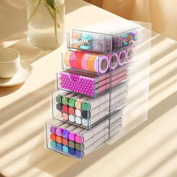 Vensio -5-Tier Clear Acrylic Drawer Organizer for Makeup and Jewelry, Large Capacity Stackable Desktop Storage Box with 5 Sliding Drawers for Stationery and Pins