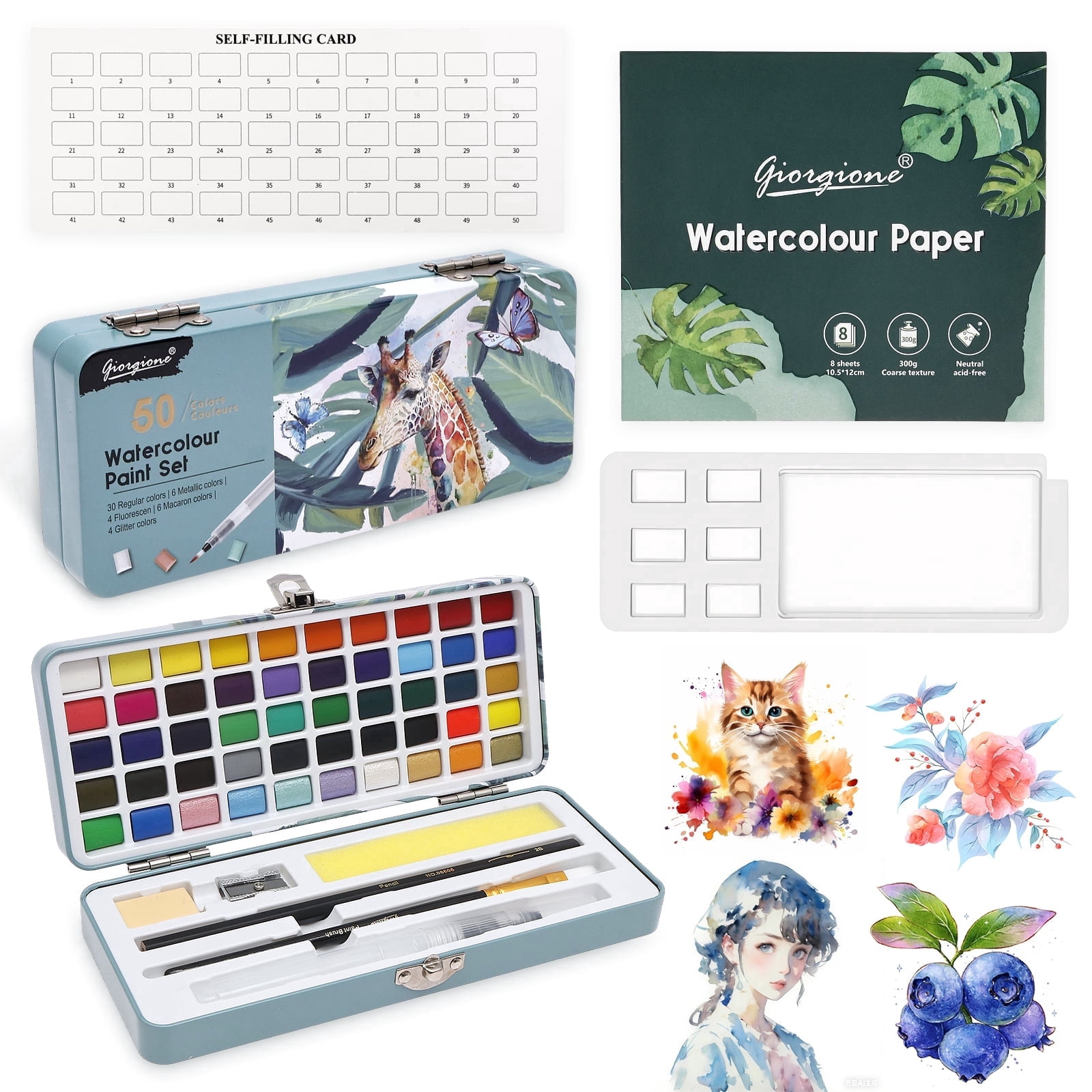 Vensio -50 Colors Portable Watercolor Paint Set with Metal Case and Sketchbook, Travel Water Color Kit with Palette and Refillable Brush Pens for Professionals and Kids
