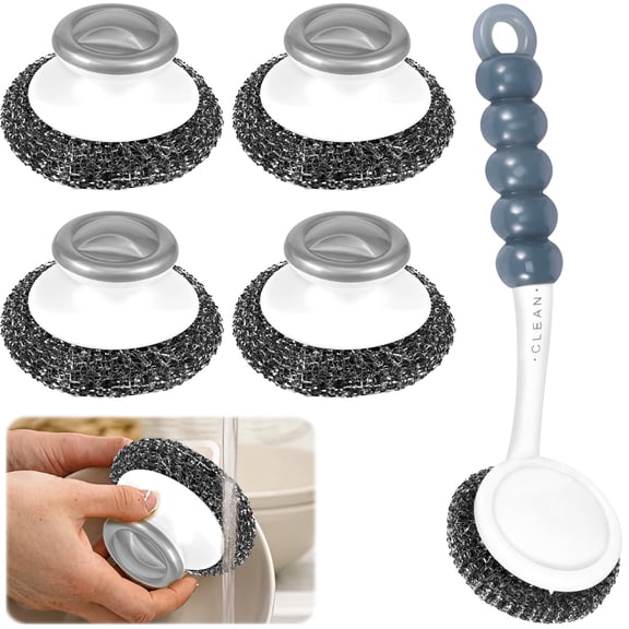 Vensio -5Pcs Stainless Steel Scrubber Set with Ergonomic Handle, Heavy Duty Rustproof Metal Scouring Pads for Pots Pans and Grills, Multi-Purpose Dish Scrubber Grey