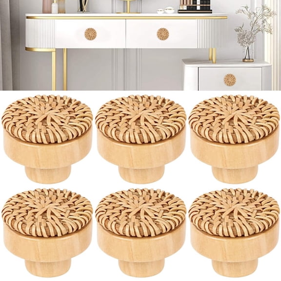 Vensio 6-Piece Boho Woven Rattan Drawer Knobs Set Vintage Wood Dresser Handles for Nursery and Kitchen