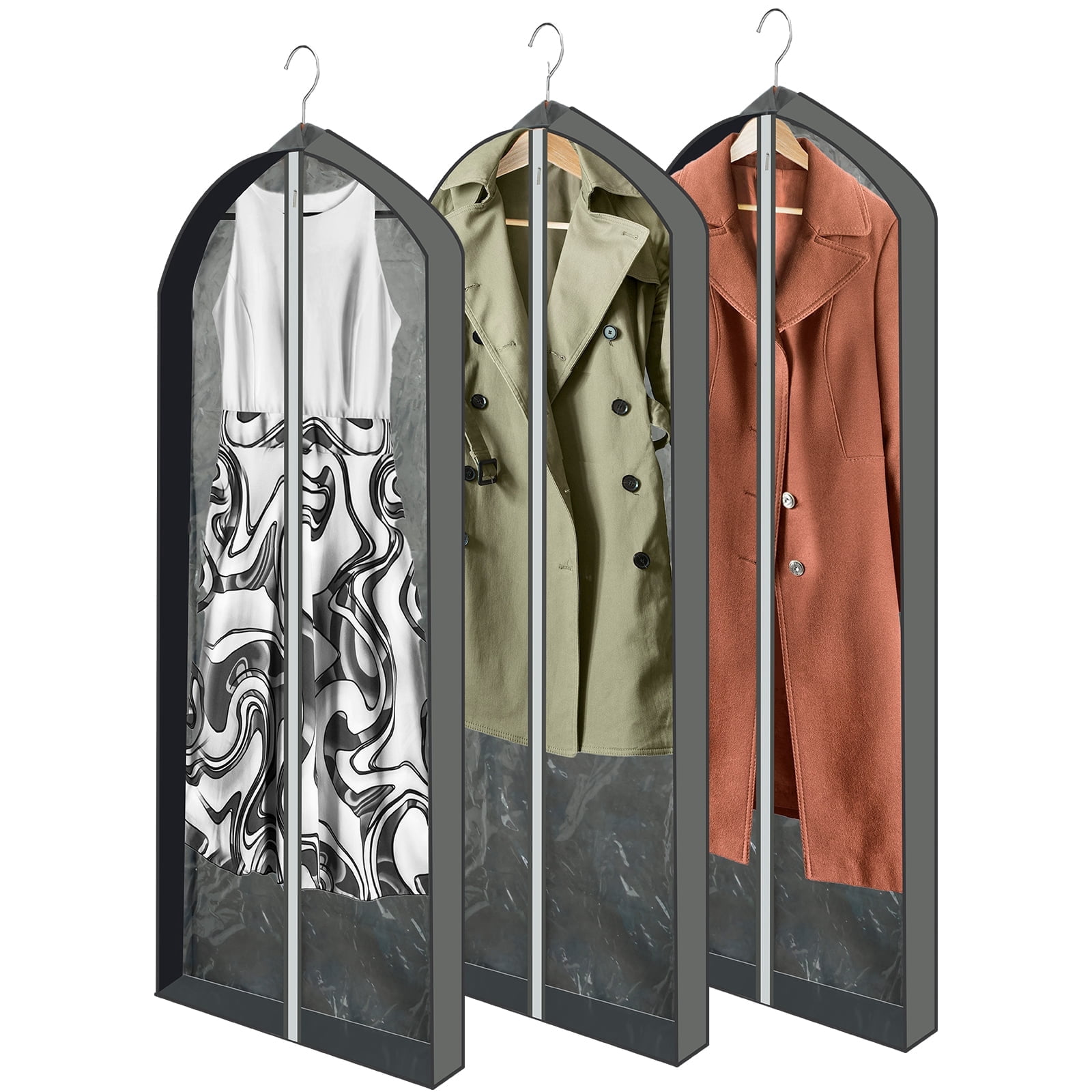 Vensio -60 Inch Hanging Garment Bags for Closet Storage 3 Pack, Clear Front Suit Protector Cover with Zipper for Long Dresses Coats and Gowns, Breathable Dustproof Clothes Bag for Travel Grey