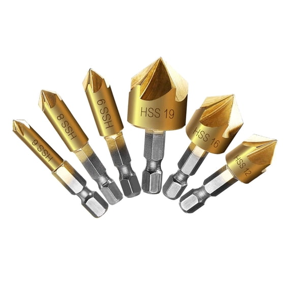 Vensio -6pcs 3-Flute Titanium Chamfering End Mill Cutter Set, 90 Degree HSS 4241 Countersink Bit for Metal and Wood, Professional Trimming and Deburring Tool Gold