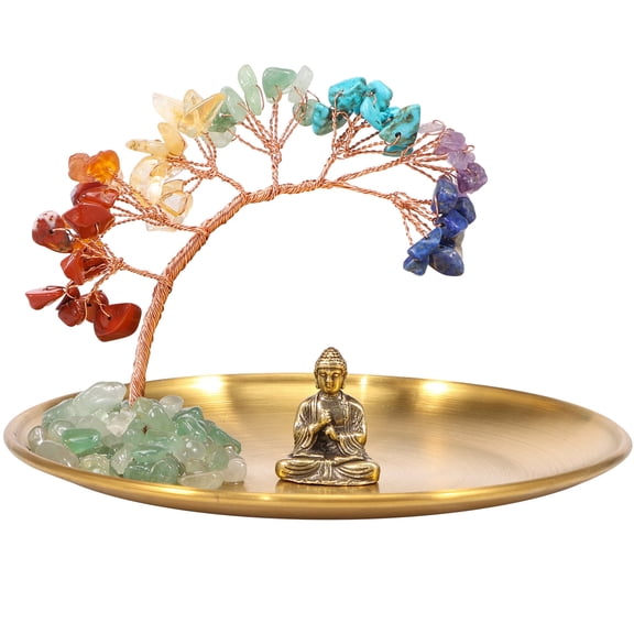 Vensio -7 Chakra Crystal Tree and Buddha Statue Set with Copper Base, Yoga and Meditation Decor for Home Office, Zen Spiritual Healing Gift for Wealth and Peace