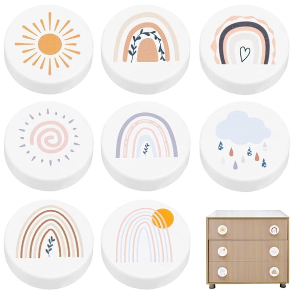 Vensio 8-Pack 35mm Boho White Wooden Cabinet Knobs Colorful Pattern Dresser Drawer Pulls with Screws