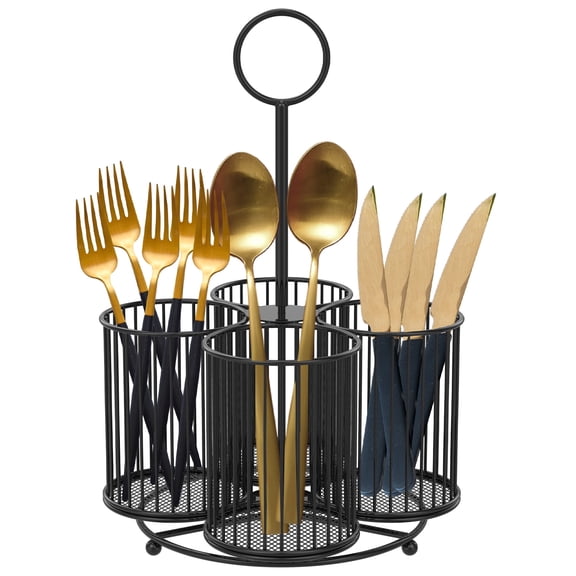 Vensio Black 360 Rotating Utensil Caddy 4 Compartment Metal Mesh Cutlery Storage Organizer Holder for Kitchen Countertop