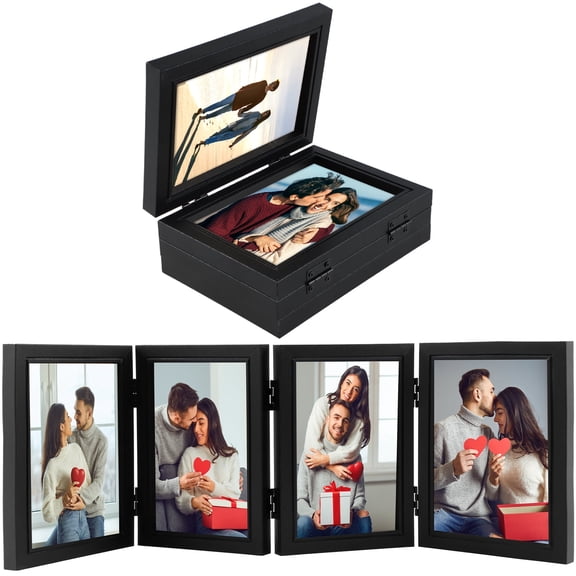 Vensio Black 4-Hinged Folding Picture Frame 4x6 Inch Wooden Tabletop Photo Display with High-Definition Plexiglass