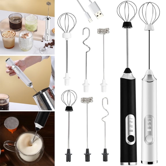 Vensio Black Handheld Electric Milk Frother 3-Speed Rechargeable Foam Maker with 3 Stainless Whisks
