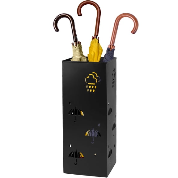 Vensio Black Rectangular Metal Umbrella Stand Rack with Hollow Pattern Raindrop Design for Entryway Office