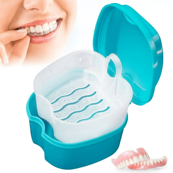 Vensio Blue Portable Denture Bath Case with Rinsing Basket False Teeth Storage Box for Retainers Mouth Guards