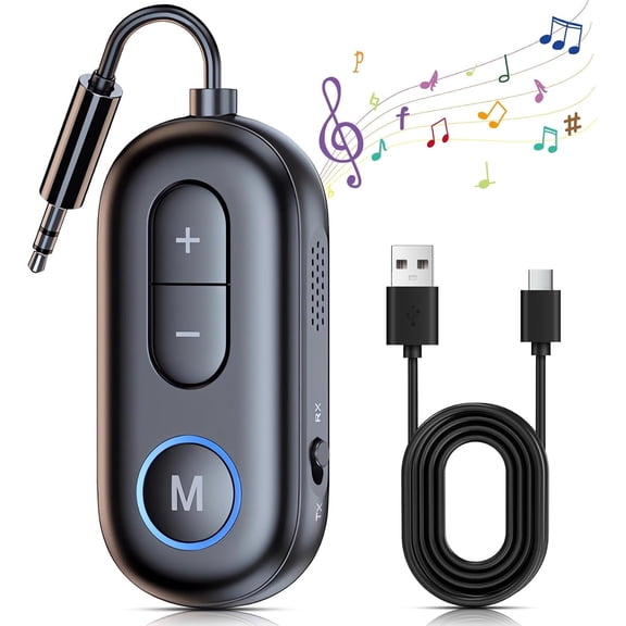 Vensio -Bluetooth 5.4 Car Adapter and AUX Receiver with Dual Mics, 2-in-1 Wireless Audio Transmitter for Home Stereo and Wired Headphones, Noise Cancellation Black