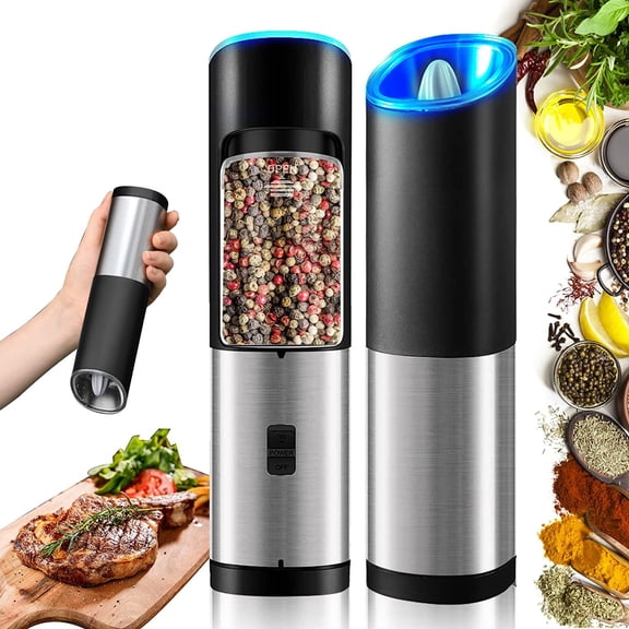 Vensio -Gravity Automatic Electric Salt and Pepper Grinder, Battery Powered Stainless Steel Spice Mill with Blue LED Light, One-Handed Smart Kitchen Seasoning Tool
