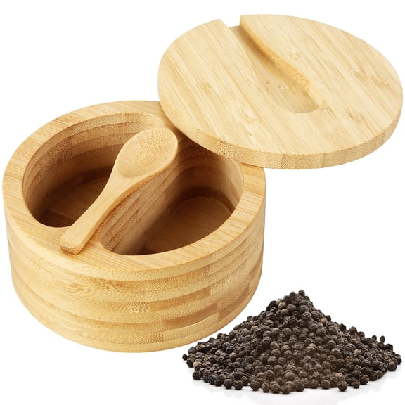 Vensio -Large Bamboo Salt and Pepper Box with Magnetic Swivel Lid and Spoon, 2-Compartment Seasoning Storage Cellar for Sea Salt and Spices, Natural Wood Container