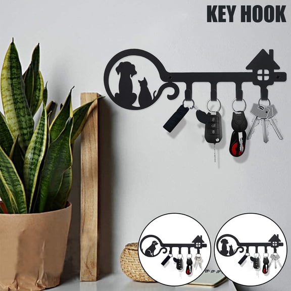 Vensio -Metal Wall Key Holder with 4 Hanging Hooks for Entryway Front Door Garage Decor, Cute Cat and Dog Design Key Organizer Stand, Heavy Duty Iron Key Hanger Hook for Home Keys Leashes