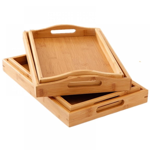 Vensio-Premium Natural Bamboo Serving Tray - Rectangular Wooden Breakfast in Bed Tray with Built-in Handles & Raised Spill-Proof Edges for Coffee Table-13.8"*8.66"-rectangularhandle