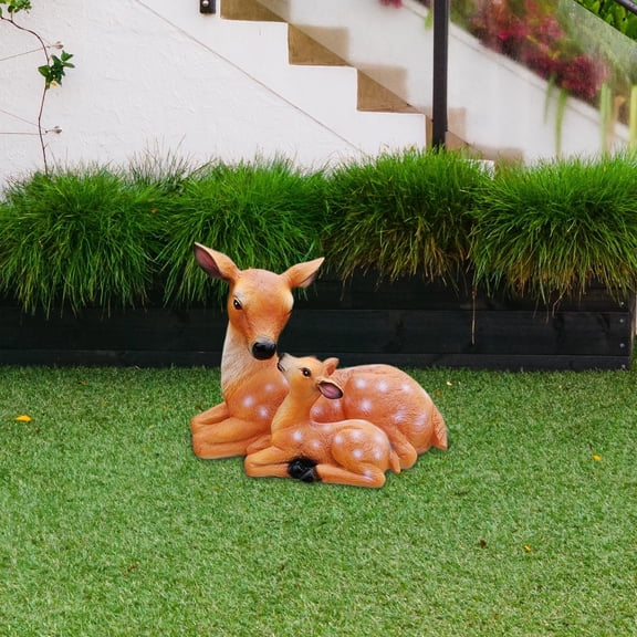 Vensio Resin Mother Deer Statue Figurine Hand-Painted Garden Sculpture for Outdoor Flower Bed and Balcony