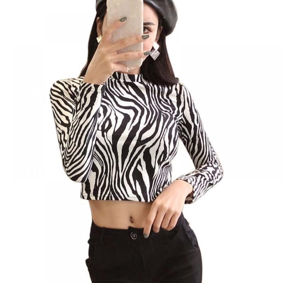 Vensio-Sexy Zebra Print Long Sleeve Pullover Crop Top - High Stretch Slim Fit Crewneck Shirt for Women Nightclub Clubwear, Festival & Casual Fashion-b-onesize