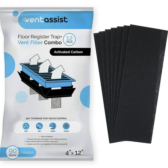 Vent Assist Activated Carbon Air Vent Filters for Home - 4" x 12" MERV 8 Electrostatic Floor Vent Filters that Trap Dust, Dirt, Smoke, Pollen, Hair - 90 Day Filtration (12 Pack)