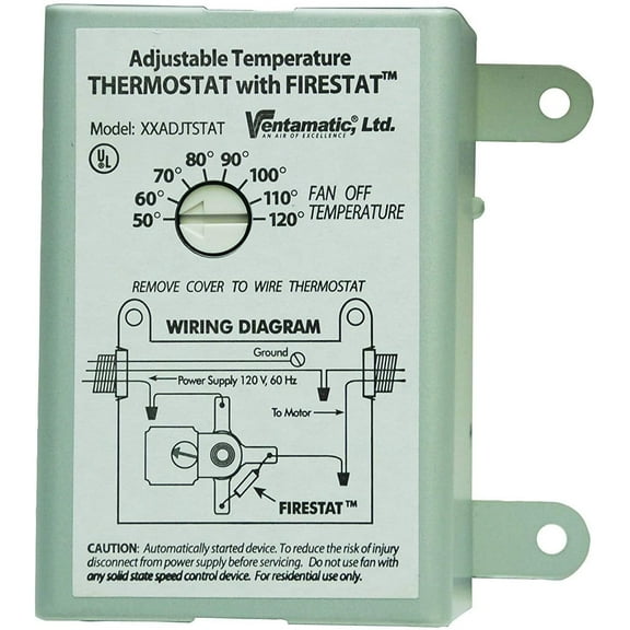 Ventamatic XXFIRESTAT 10-Amp Adjustable Programmable Thermostat with Firestat for Power Attic Ventilators, Replacement Thermostat
