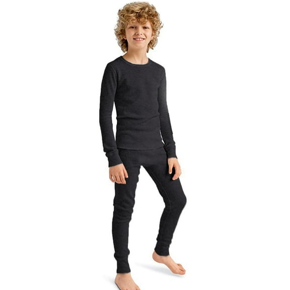 Ventana Boys Thermal Underwear Set - Waffle Knit Cotton Blend Long Johns, Fleece Lined Comfortable 2-Piece Sleepwear & Pajamas with Top Pants