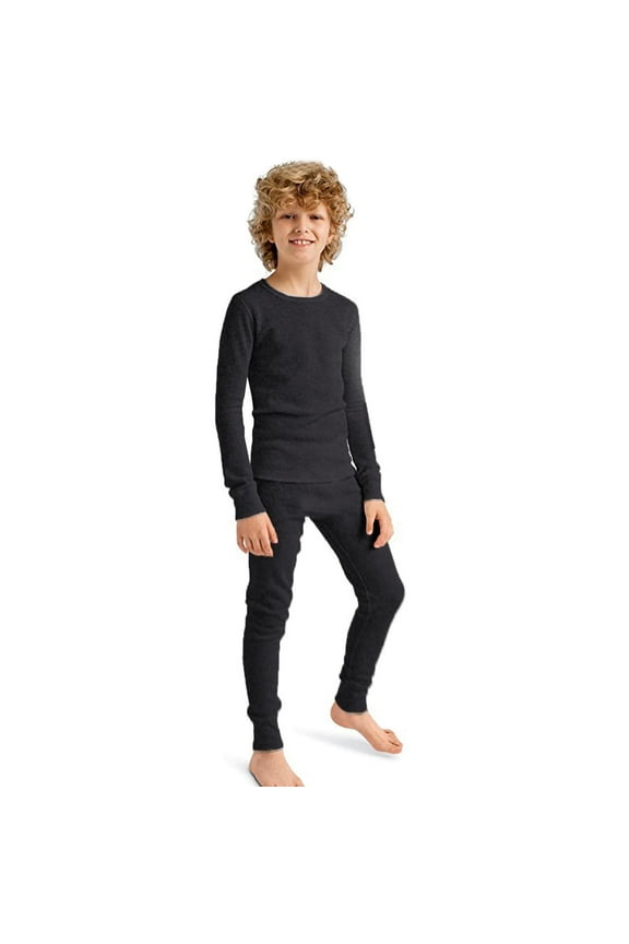 Boys Thermal Underwear Set - Waffle Knit Cotton Blend Long Johns, Fleece Lined Comfortable 2-Piece Sleepwear & Pajamas with Top Pants