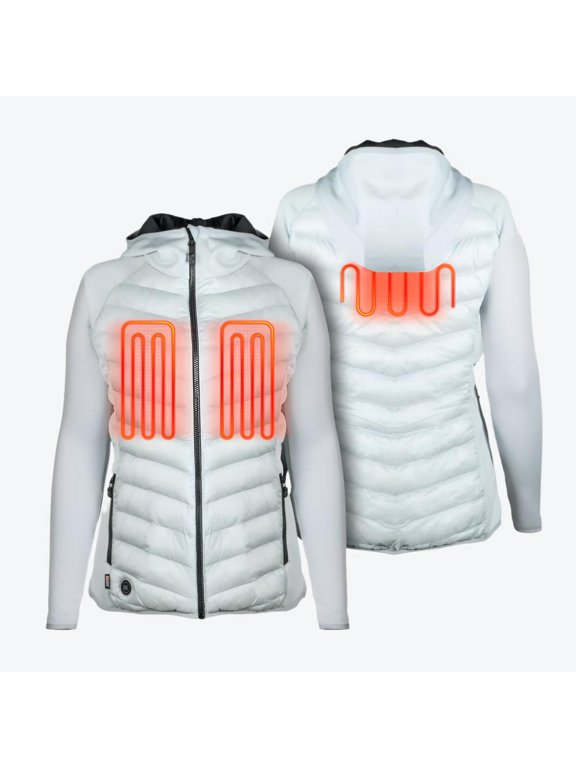 Ventani Hybrid Heated Jacket for Women, 3 Heat Zones, PrimaLoft Insulation, Stretch Knit Sleeves, Fixed Hood