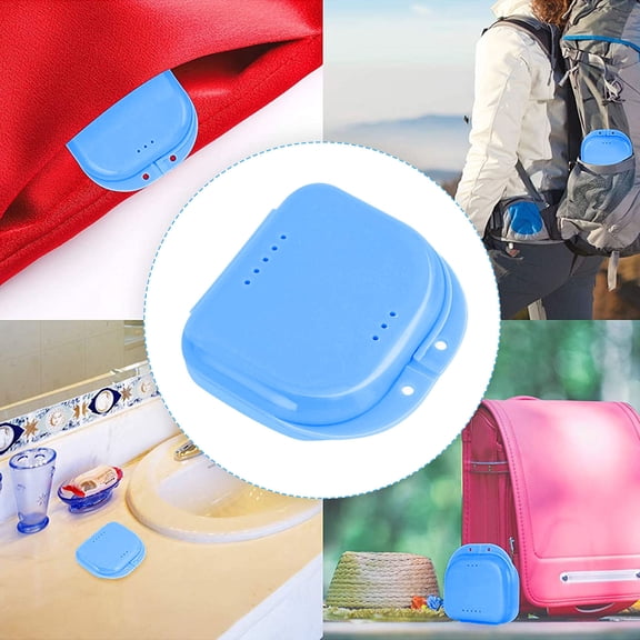 Vented Hinged Retainer Case Breathable Denture Mouth Guard Storage Box Snap Closure Aligner Container With Air Holes For Home Daily(Blue-8Cm)