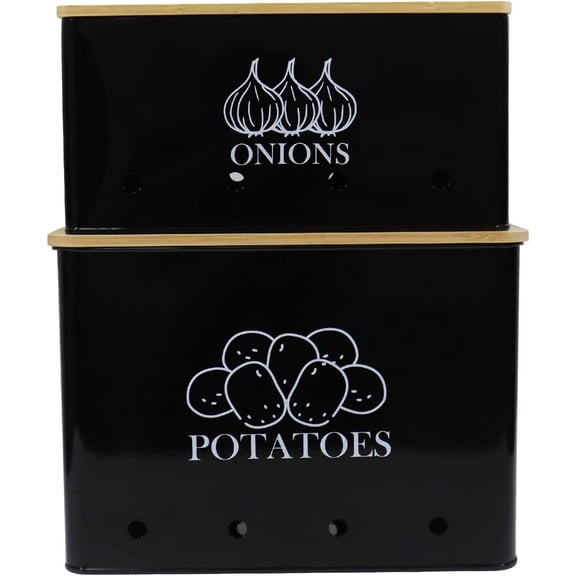 Vented Metal Potato and Onion Storage Bin Set of 2 with Wooden Lids, Black