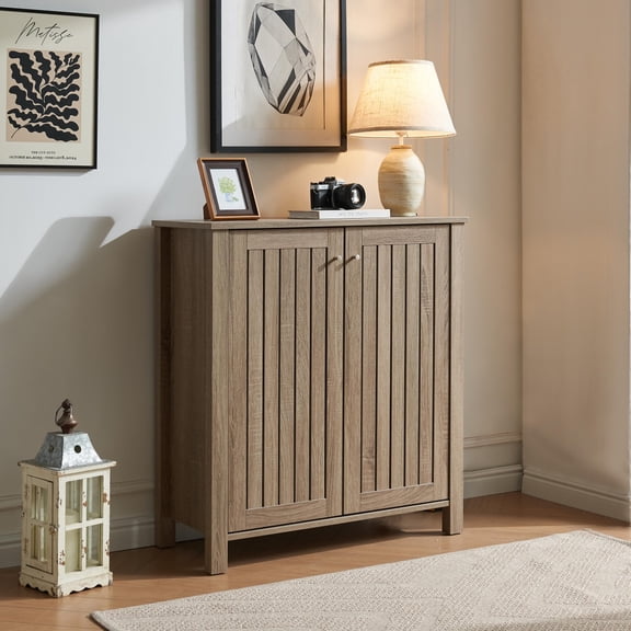 Vented Slat Door Shoe Storage Cabinet With Metal Knobs Multi Shelf Entryway Organizer Cabinet For Hallway Living Room Home Office