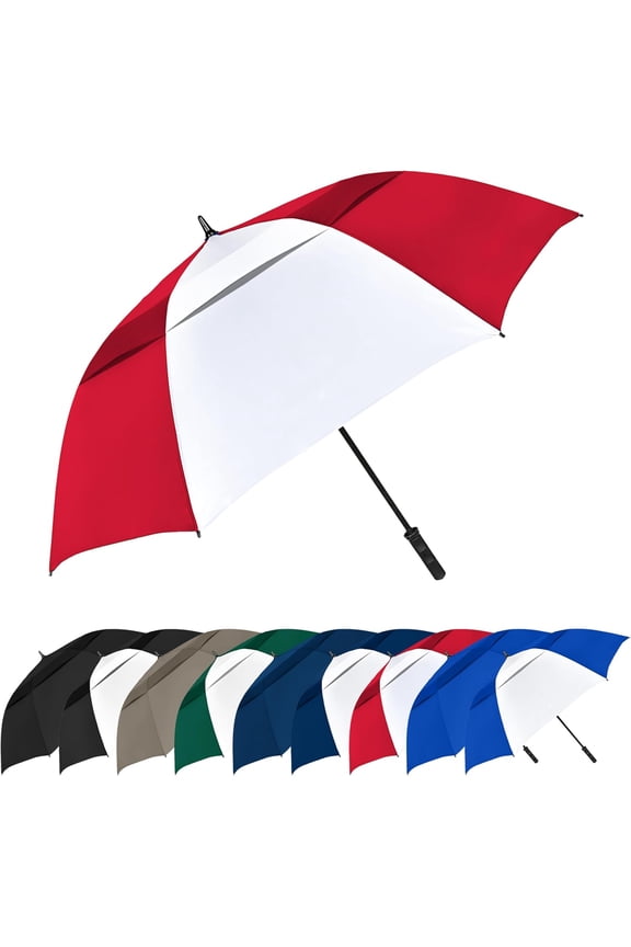 The Vented Tornado 64" Large Oversize Windproof Automatic Open Golf Umbrella, Heavy Duty Thick Fiberglass Ribs Waterproof Wind Vent Portable 2 Person Golf Umbrella for Men and Women - Navy Blue/White