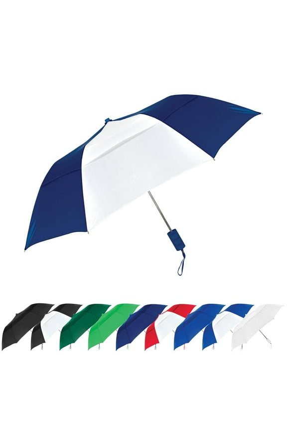 The Vented Windproof 42" Compact Small Automatic Open Folding Travel Umbrella for Rain, Wind & Sun, Strong Durable Lightweight Stick Umbrella for Men and Women, Navy Blue/White