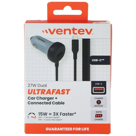Ventev CC27-ACAPCBX266745 27W Ultrafast Car Charger & USB-C Connected Cable - Dark Gray
