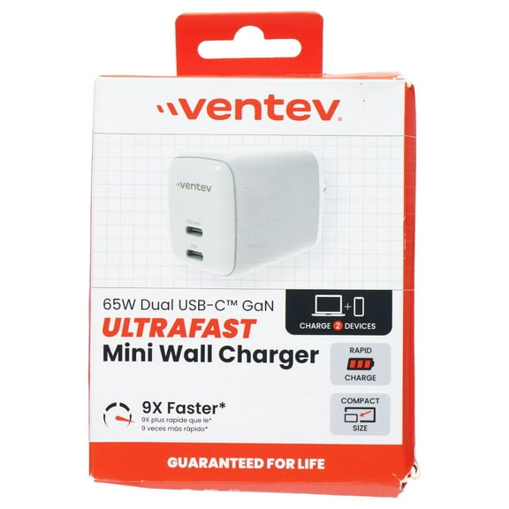 Ventev WC65-HDBX-83820 65W Ultrafast USB C Universal Dual Gan Mini Wall Charger - Gray