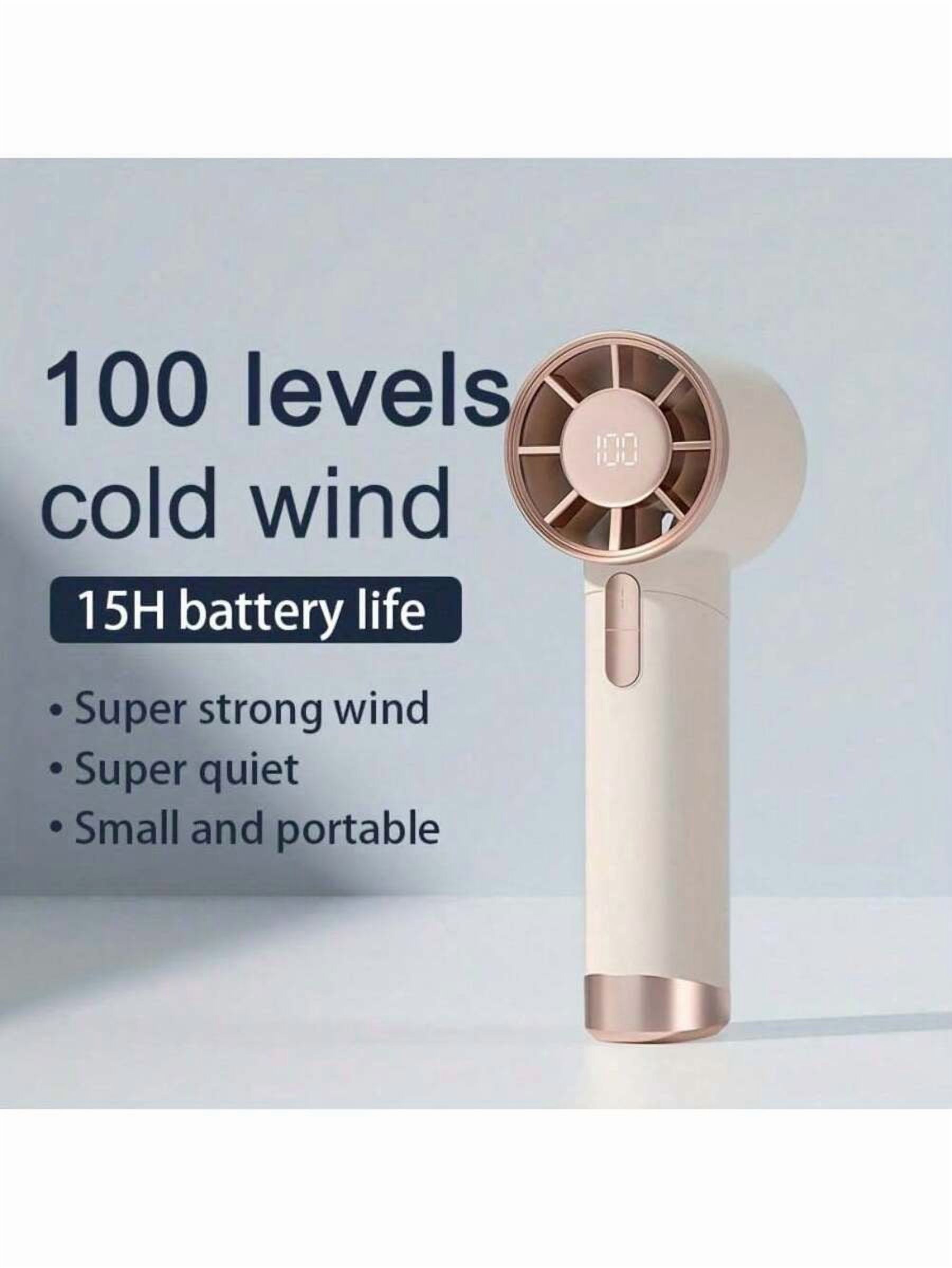Ventilador de mano recargable por USB de 5 velocidades con pantalla digital - Ventilador mini silencioso y potente, Tipo-C, incluye cordón - Perfecto para uso en exteriores y el hogar