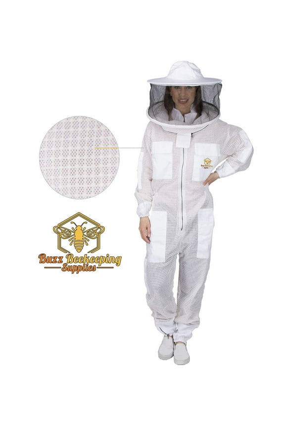 Ventilated Beekeeping Suit and Bee Family Stickers - YKK Metal Zippers - Men & Women - TOTAL PROTECTION - Self-Supporting Round Veil - Easily Take On & Off - 8 Pockets - Bee Stickers - Large