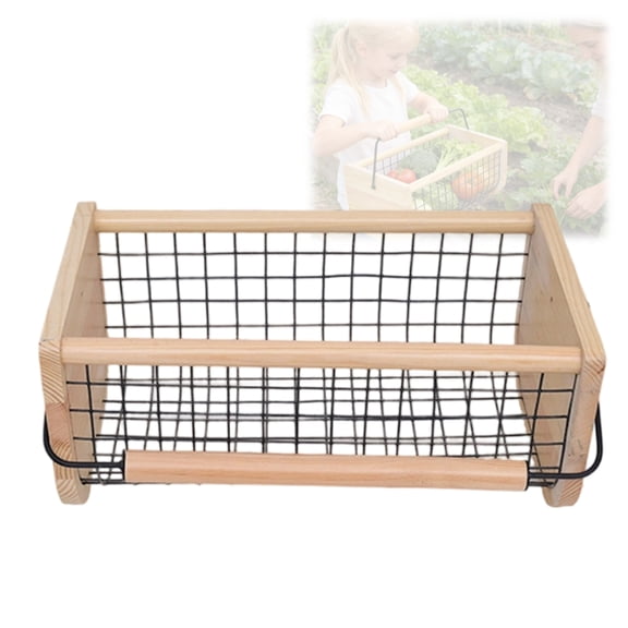 Ventilated Large Capacity Fruit Vegetable Basket with Wood Handle for Kitchen Storage 41x23x18cm