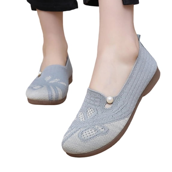 Ventilated Mesh Slip On Flats for Elderly Ladies, Pearl Decor Comfort Footwear Daily Walking Trips