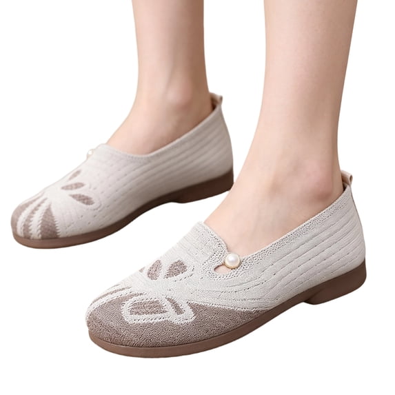Ventilated Mesh Slip On Flats for Elderly Ladies, Pearl Decor Comfort Footwear Daily Walking Trips