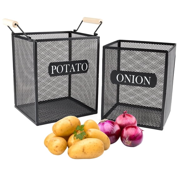 Ventilated Metal Mesh Produce Bins with Wooden Handles - Square POTATO Onion Storage Containers, Reusable Pantry Organizer for Kitchen Vegetables, Food-Safe Design, Hand Wash only