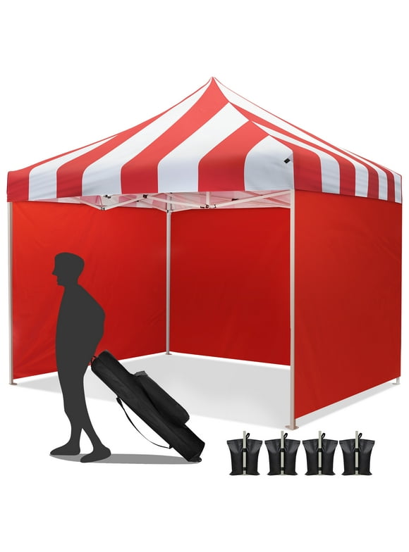 VentuLodge 10x10 Pop-Up Canopy Tent, Commercial Grade Heavy Duty Canopy with Striped Top and Sidewalls, Red
