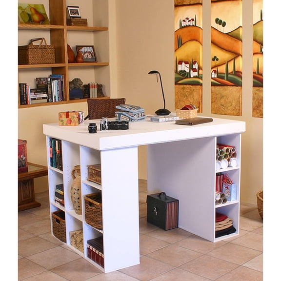 Venture Horizon Project Center Desk with 9-Cubby Bookcase and 3 Bin Cabinet - White