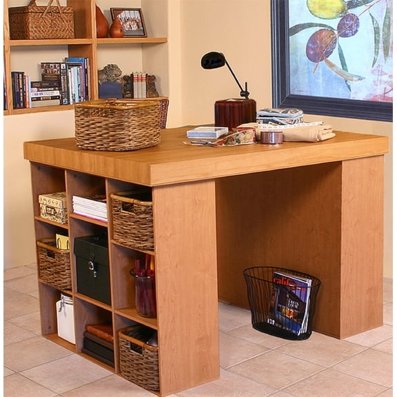 Venture Horizon Project Center Desk with Two 9-Cubby Bookcase Sides - Oak