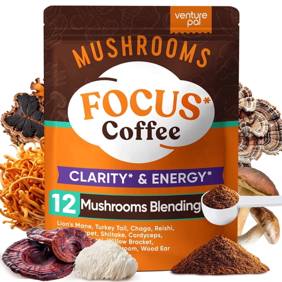 Venture Pal 48000mg Mushroom Coffee with 12 Adaptogenic Mushrooms, Lion's Mane, Cordyceps, Turkey tail, Reishi, Ashwagandha & Probiotics, Instant Coffee for Focus, Digestion & Immunity, 40 Servings