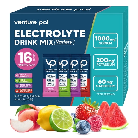 Venture Pal High Sodium Sugar Free Electrolytes Powder Packet - Hydration with Vitamin, Sodium & Potassium, Zero Calories, Vegan, Keto & Paleo Friendly Drink Mix