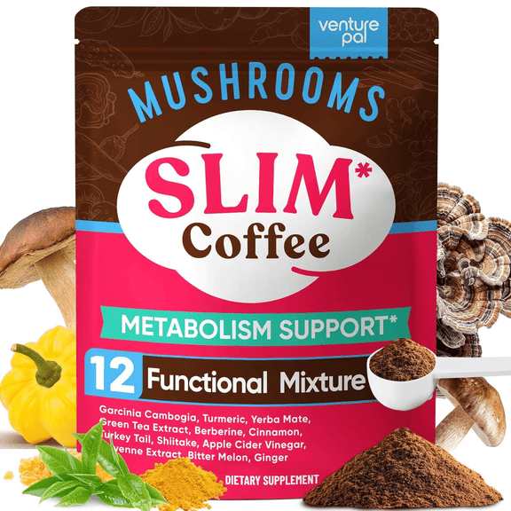 Venture Pal Slim Mushroom Coffee,Instant Coffee with Berberine, Cinnamon, Yerba Mate,Turmeric, & More, 1800mg(10:1) Extract for Diet Support & Metabolism Boost - 40 Servings