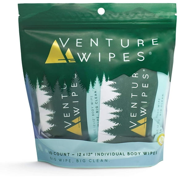 Venture Wipes Large 12x12 Inch, Biodegradable, Individually Wrapped Wipes, Shower Bathing Wipes for Adults, 10 Count