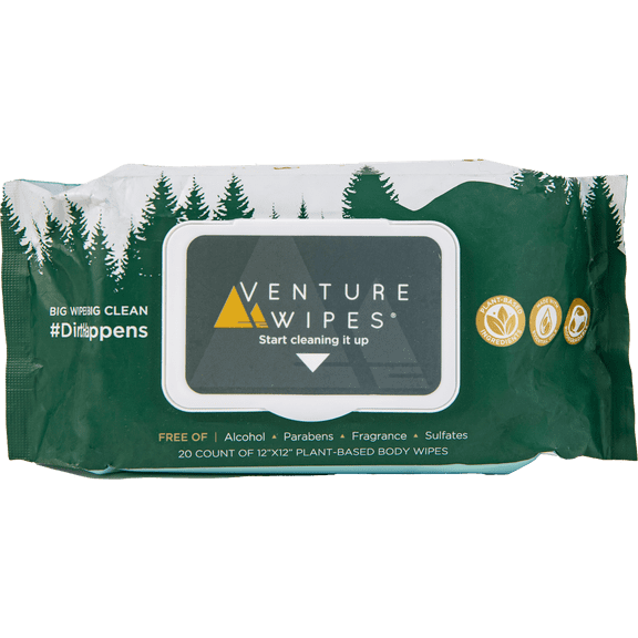 Venture Wipes Large Body Wipes for Adult Bathing, Biodegradable Adult Wipes with Aloe, Vitamin E, and Tea Tree Oil, Workout Shower Wipes for Men and Women, 20 Count Pull Pack