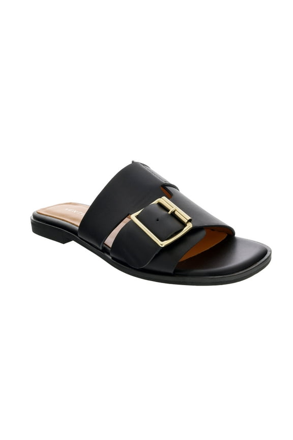 Black Buckle Flat Leather Slide-7 for womens