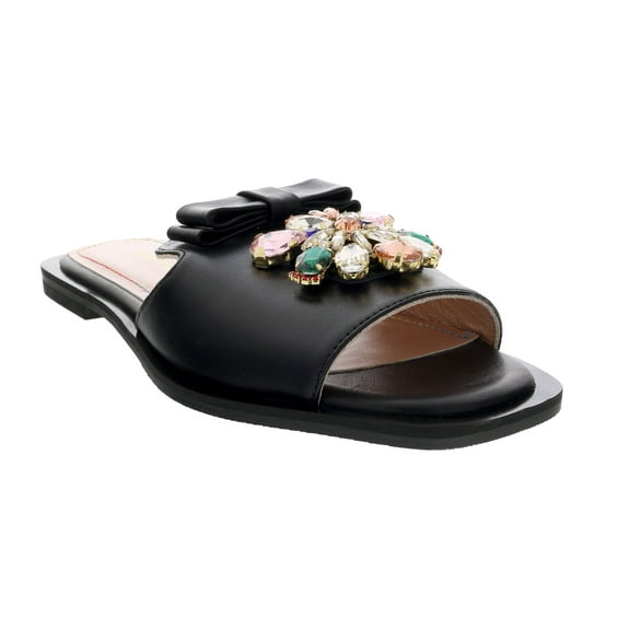 Ventutto Black Crystal Embellished Bow Flat Leather Slide-6 for womens