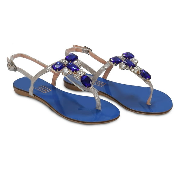 Ventutto Rio Blue Silver Crystal Cluster T-Strap Sandal-9 for Womens